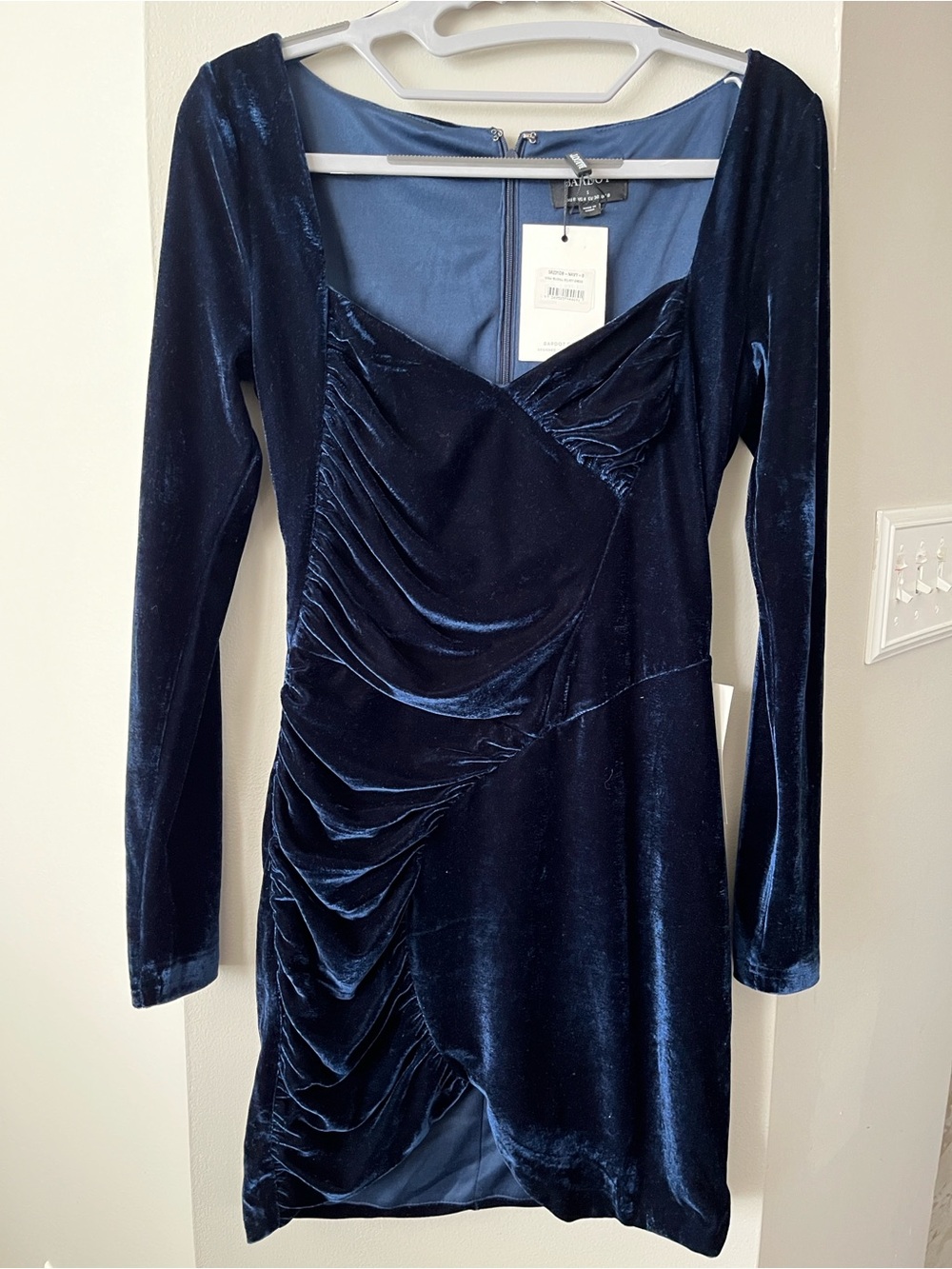 Bardot Navy Velvet Ruched Long-Sleeve Mini